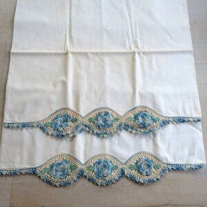 Vintage Handmade Cotton King Pillowcases Blue Floral Crochet Lace Trim Set of 2